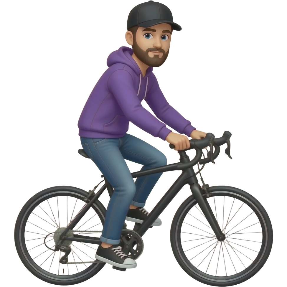 tall skinny guy with black basecap, circle beard and purple hoodie and jeans rides a black e-bike on white background. emoji
