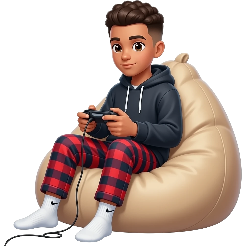 make me a black high schooler with a brown flat low taper fade with textured hair playing in the ps5 wearing red and black pajama pants with a comfrt hoodie wearing nike socks on a giant bean bag emoji