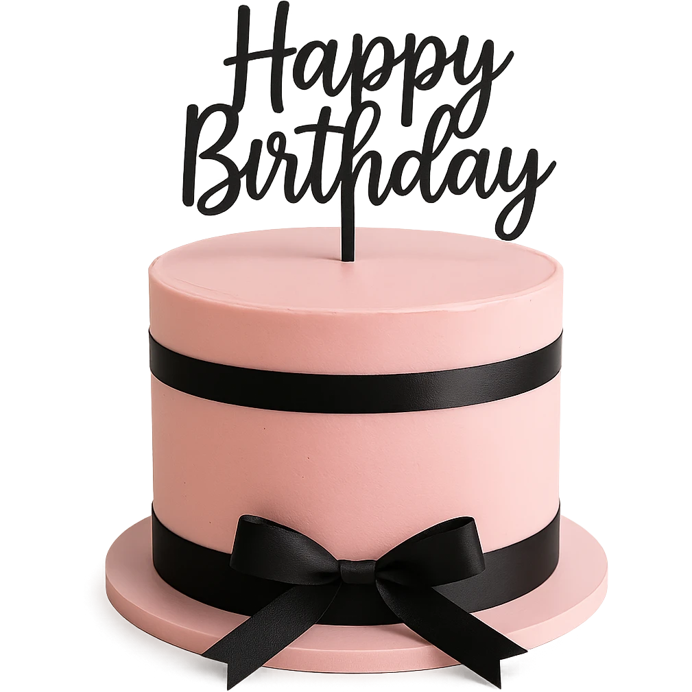 Pink birthday cake with black ribbons, remove background emoji