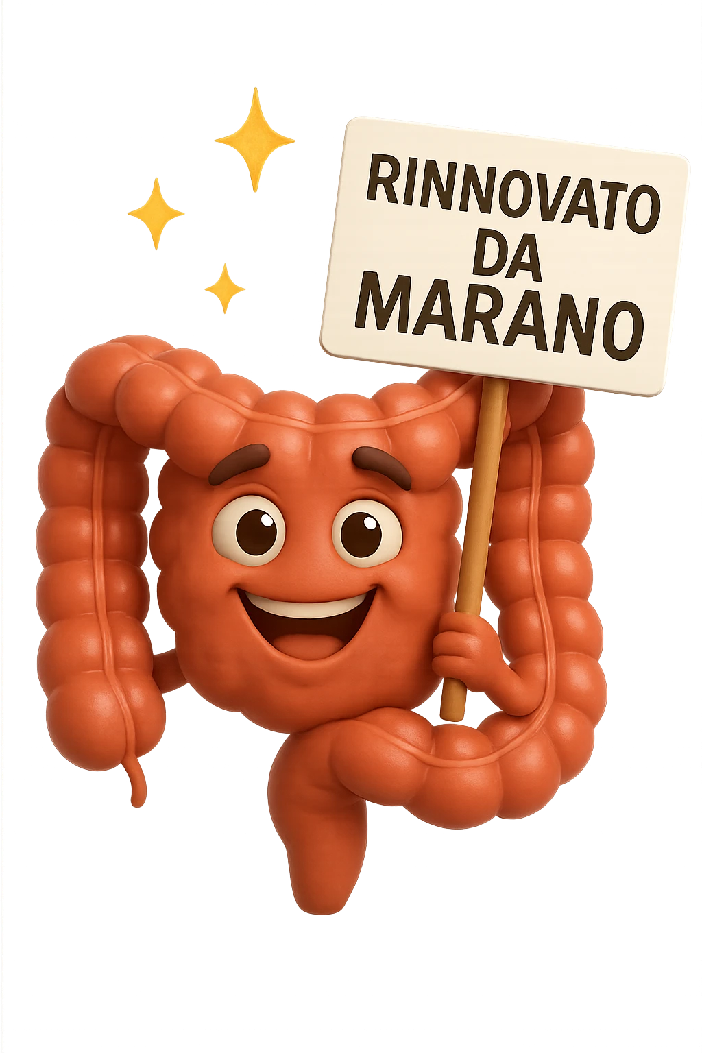 fammi un intestino identico a questo, ma felice e con le scintille di splendore dorate sopra, si sta rinnovando come se fosse in ottima salute, in mano ha un cartello con la scritta "RINNOVATO DA MARANO" emoji