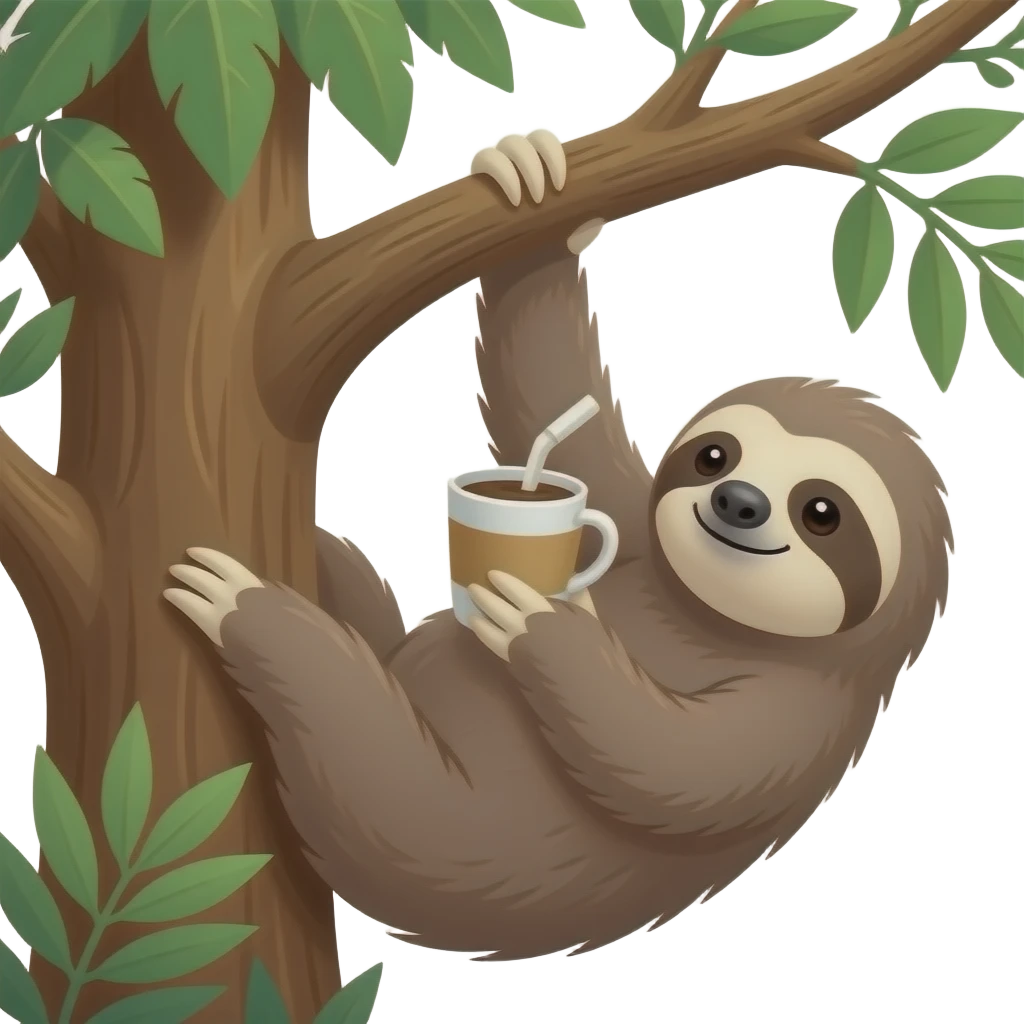 sloth on big jungle tree drink coffee hanging emoji