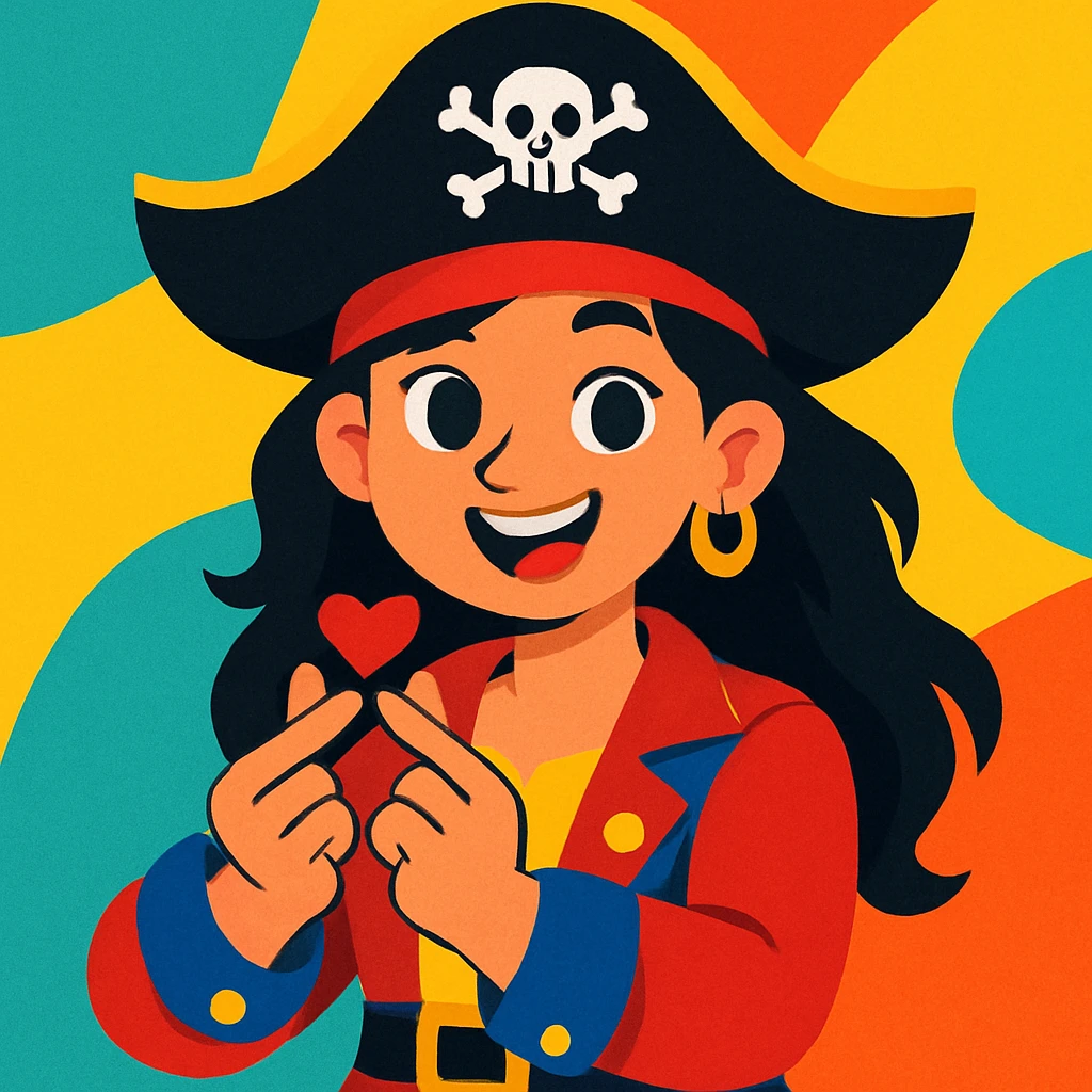 a girl pirate with black hair doing a Korean heart sign with her hands, vibrant and playful emoji