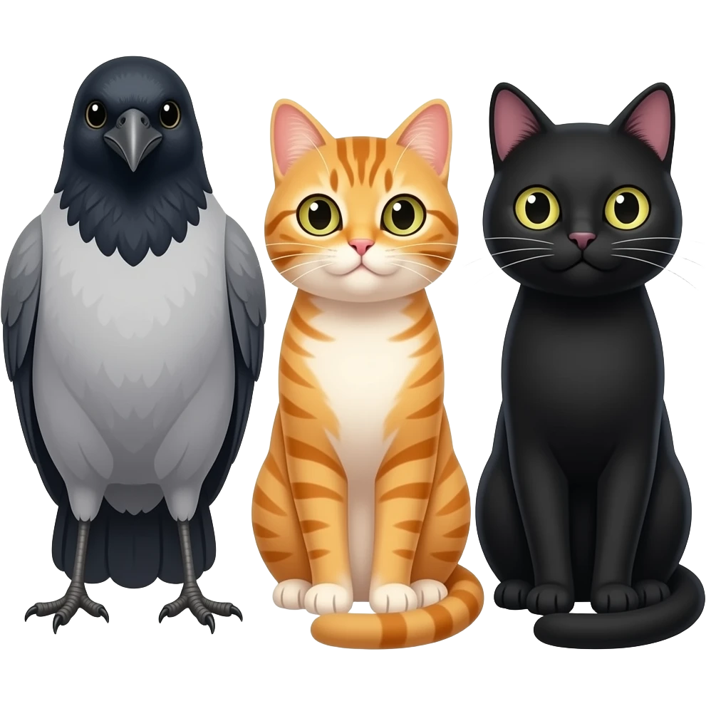 a grey crow and a ginger cat with a black cat emoji