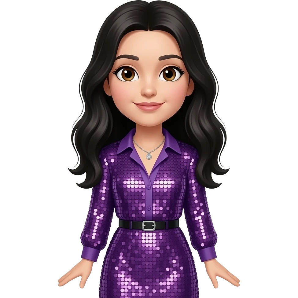 Jonathan Davis with brown eyes, long black hair, purple sequin shirt, purple sequin long skirt, necklace emoji
