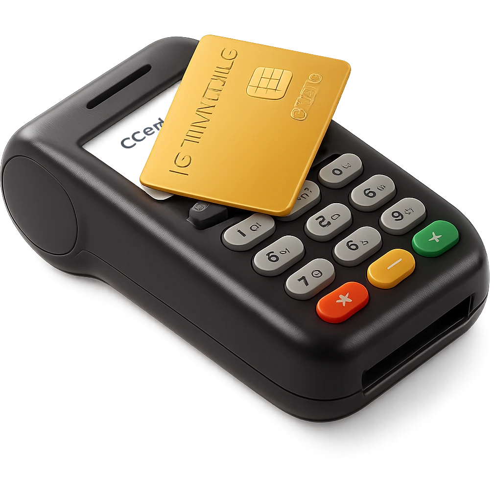 Make the payment terminal look modern and up-to-date in skeuomorphism style with no background. The style should reflect realistic textures and subtle shadows typical of skeuomorphism, emphasizing a polished and tactile appearance with a transparent background. emoji
