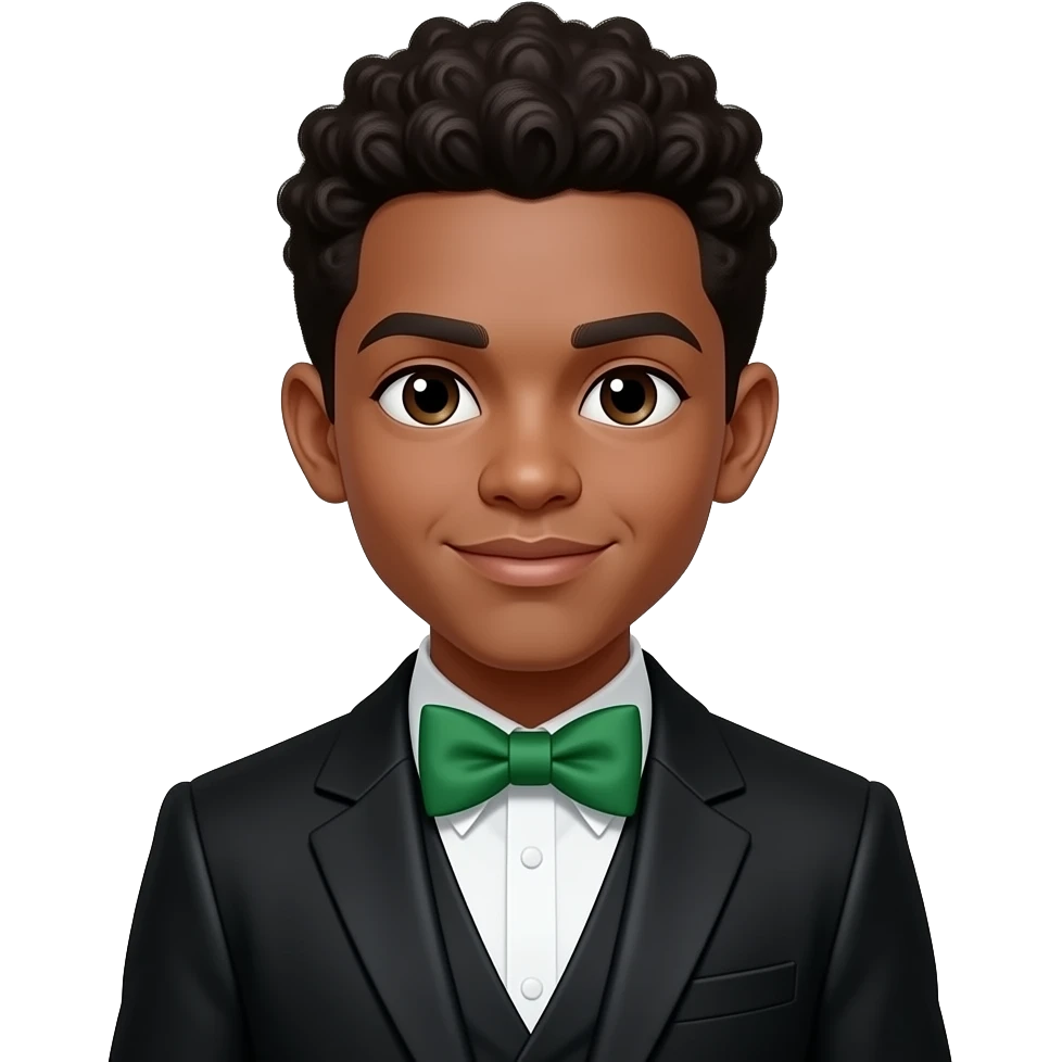 afro boy wear black coat and green bow tie half body close up emoji