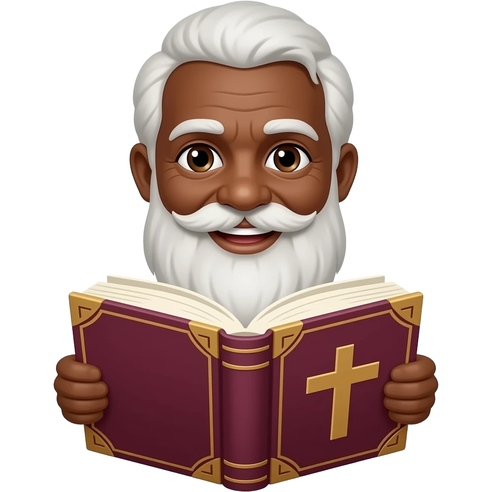 wise old man with greying white hair white beard black skin smile with burgundy book that has a cross on it emoji
