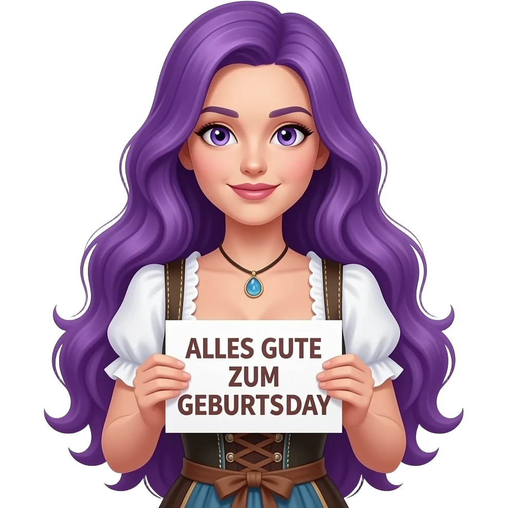 sexy girl with long purple hair and purple eyes wearing a dirndl holding a ALLES GUTE ZUM GEBURTSTAG sign emoji