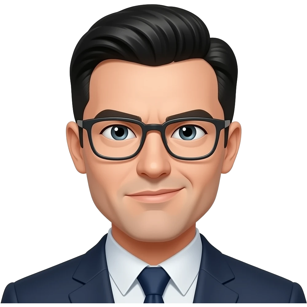 Make a white guy with slicked back short black hair, glasses and a snide squinting look emoji