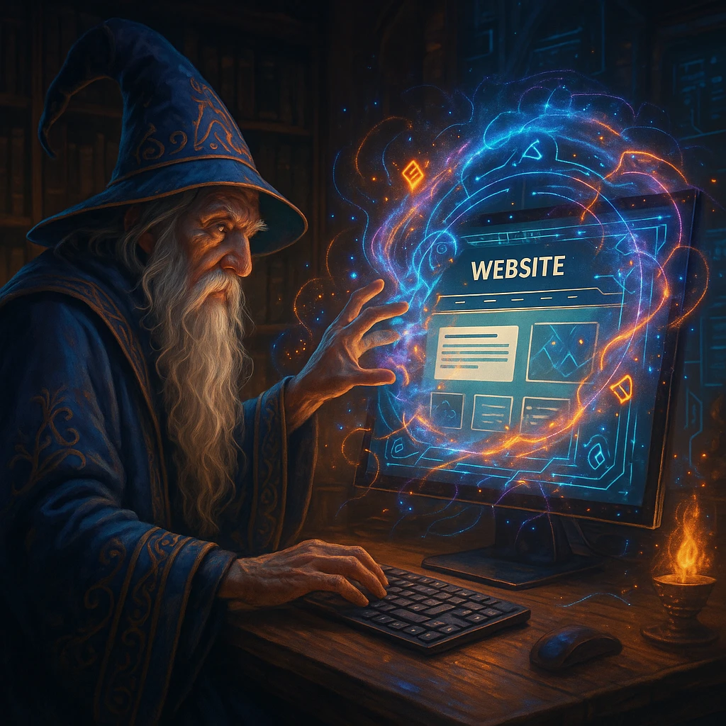 A wizard with a long beard and robe, sitting at a computer, casting a spell to create a website, magical effects around the screen, digital and fantasy elements combined, detailed, vibrant, fantasy and technology fusion emoji