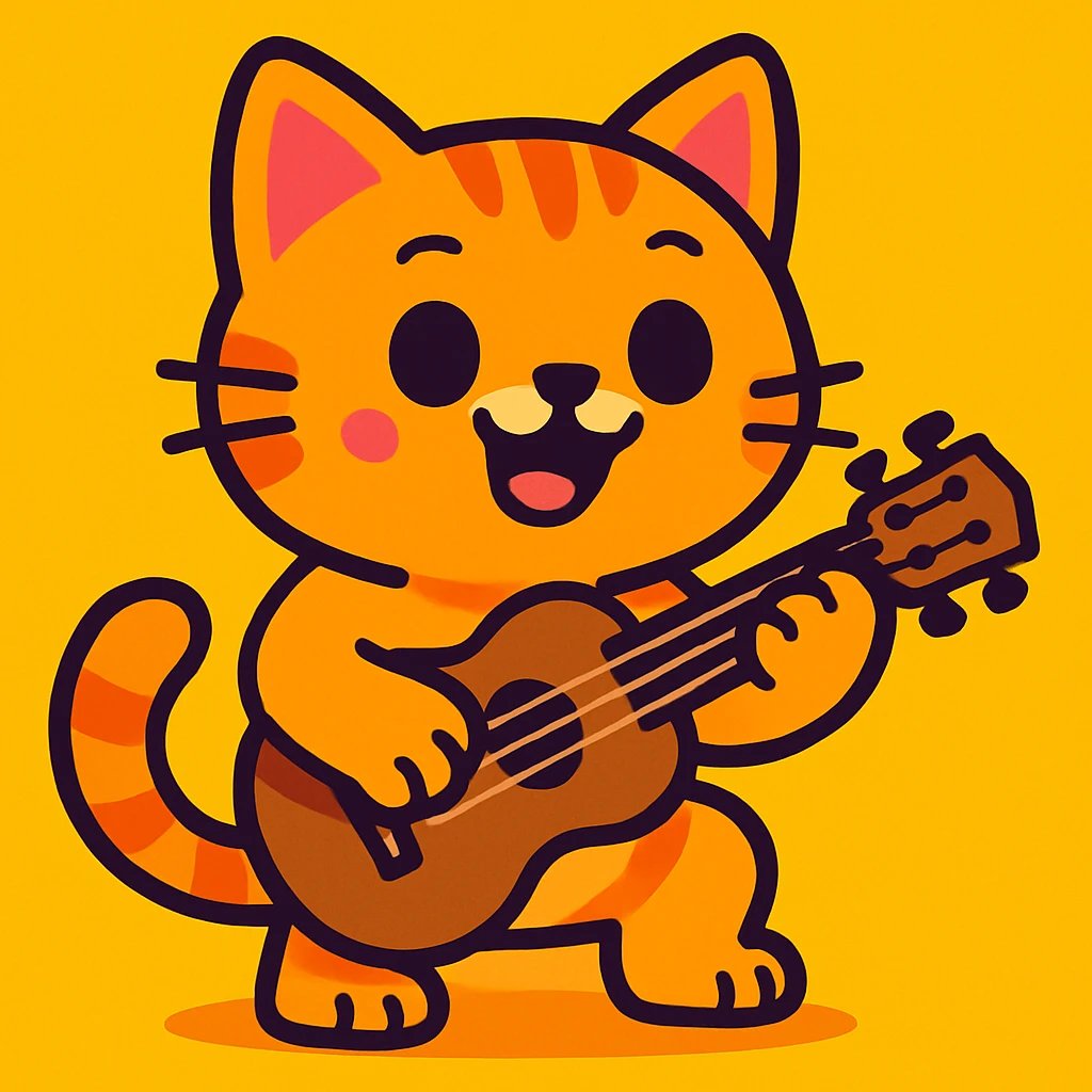 a cute cat playing a ukulele, vibrant cartoon style emoji