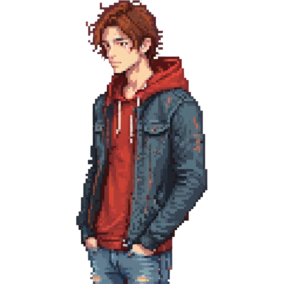 Pixel art character, young man with dark jacket, red hoodie, brown messy hair, jeans, scar on left eyebrow, confident face, retro arcade sprite style, side view emoji