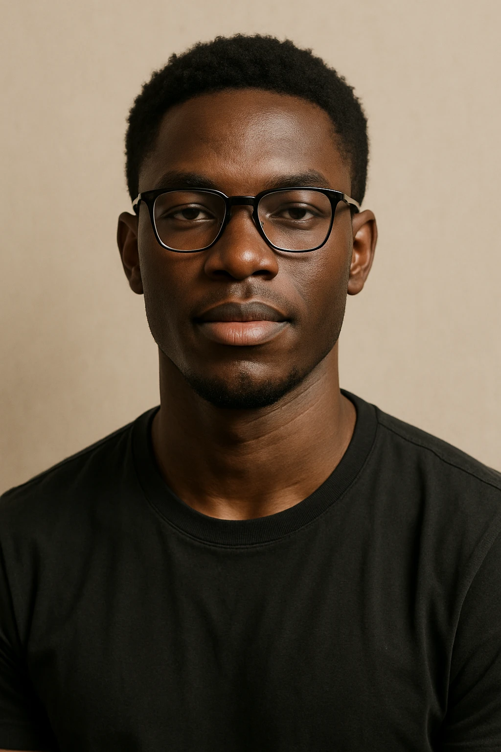 young African man with eye glasses, looking confident, minimal background emoji