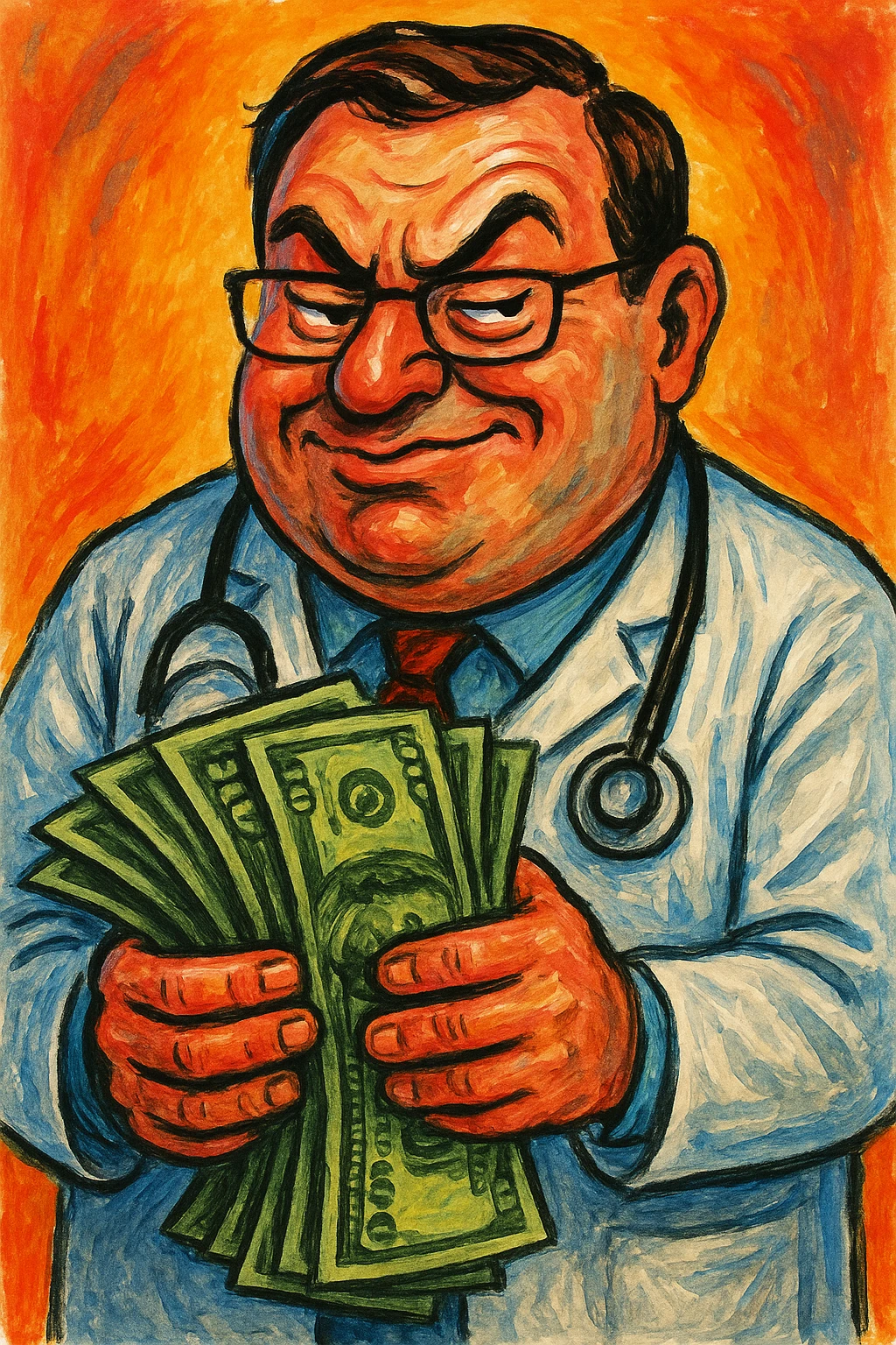 a doctor with a stethoscope holding a large bill or money, looking greedy or smug, symbolizing high charges, in a distinct artistic style emoji