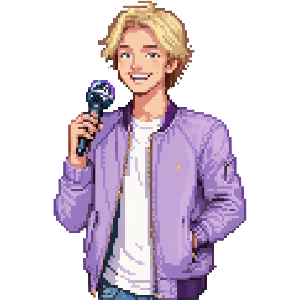 Pixel art style, expressive male performer, Caucasian features, short sandy blonde hair, lively eyes, wide cheerful smile, wearing a violet jacket over white tee, tossing a microphone in one hand, waist-up, front-facing emoji