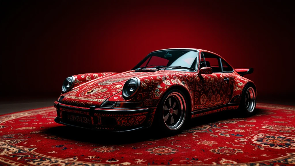 Closeup shot of a porsche 911, body of car made of russian carpet with patterns, red solid studio background, very dark room, top low key light, dutch angle, haze, captured by ARRI 65 emoji