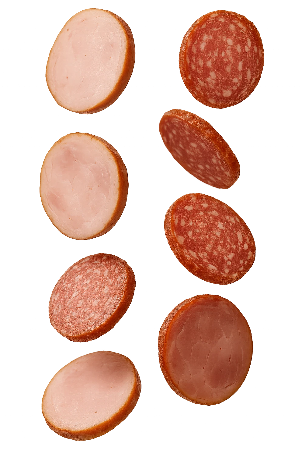 fettine di prosciutto cotto e di salame fluttuano in aria verticalmente, IPERREALISTICA 4K emoji