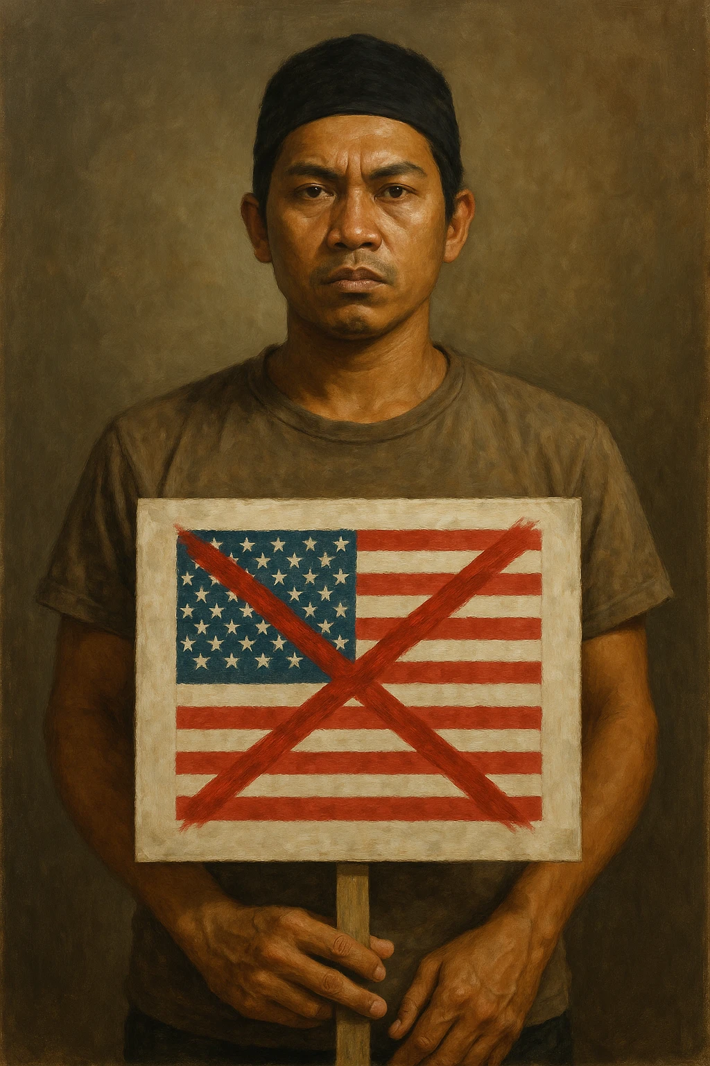 Сгенерируй мне как индонезииец стоит с плакатом где флаг сша ПЕРЕЧЕКРНУТ, олицетворяя что он против США. В стиле реалистичной живописи на однородном фоне emoji