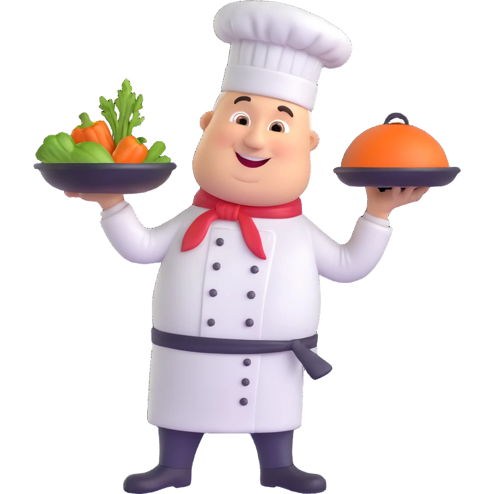 chef character holding frying pan tossing vegetables, wearing chef hat, cheerful expression emoji