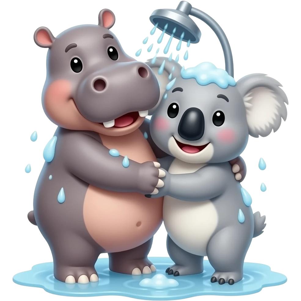 hippo and koala in shower together happy hugging emoji