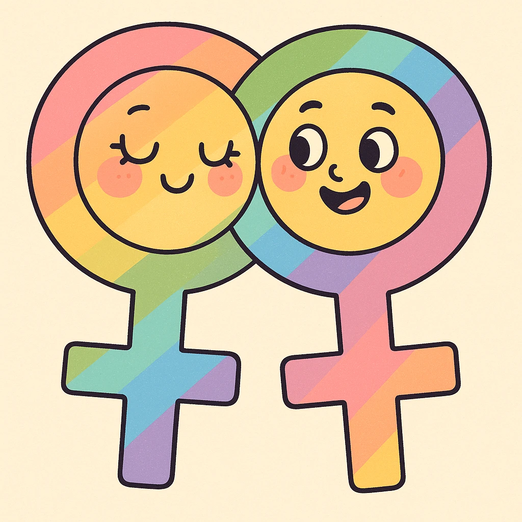 gay pride two interlocked female symbols, rainbow gradient, pastel toon style emoji