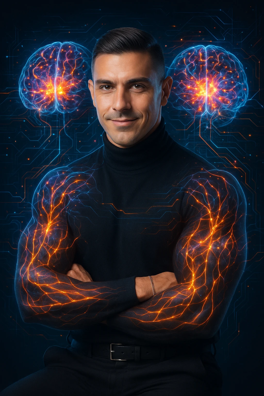 "Neuroscientist using advanced visualization to reprogram muscle development pathways, brain scans showing neural networks firing to stimulate muscle growth, expression of scientific breakthrough, his body responding to optimized mental training protocols, muscle memory being created without physical movement, consciousness hacking biological systems for muscle development" emoji