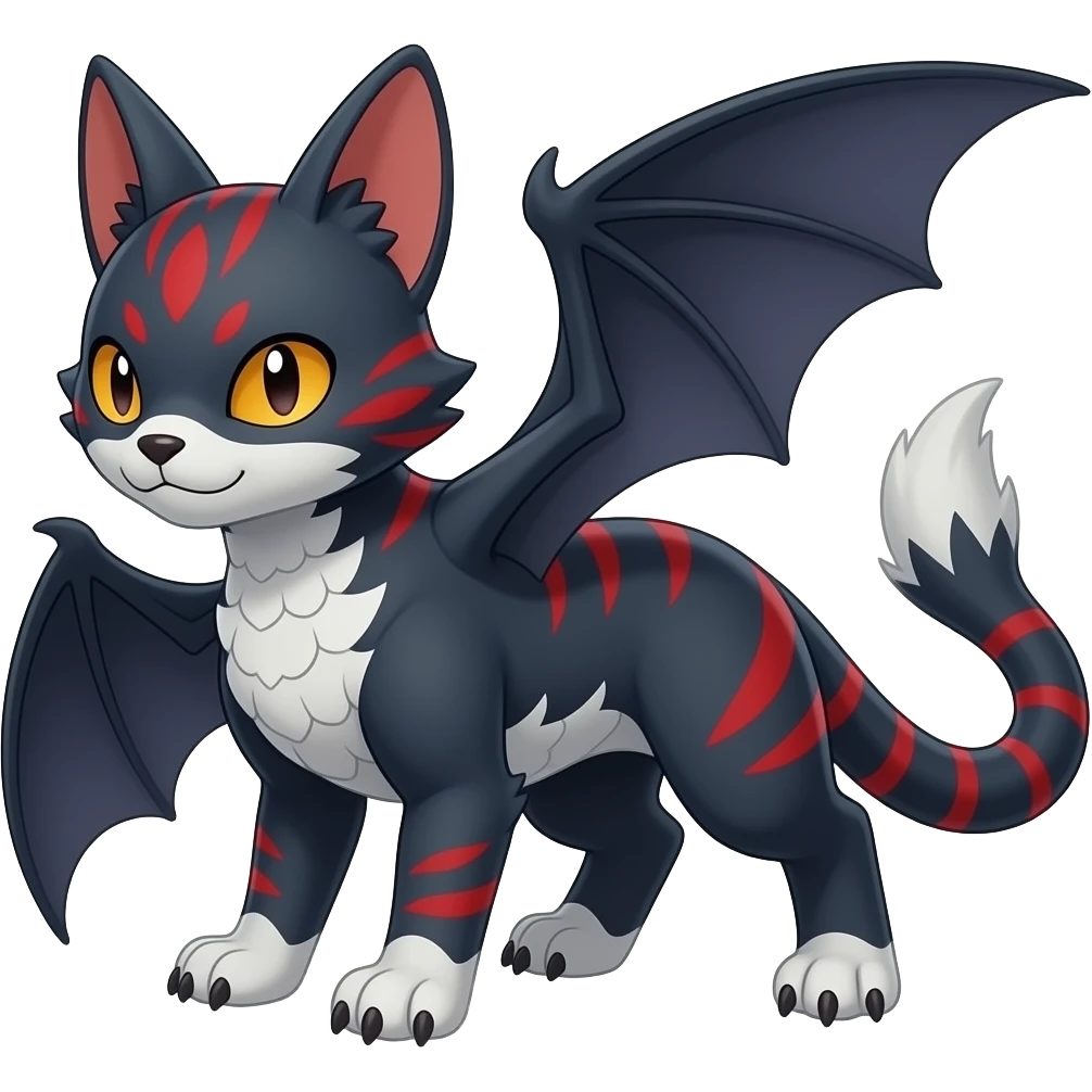 midnight blue-gray-black, with red markings, white belly, scaley scaly batty feline-like quadrupedal digitigrade cute cool handsome badass realistic feral Bastet-Noibat-Gatomon-Garchomp-Digimon-Fakémon-Pokémon-creature (full body)  SIMILAR emoji