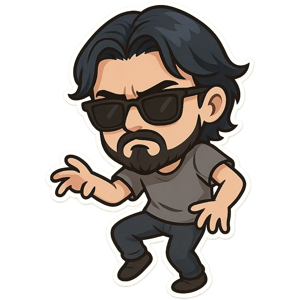 a dark brooding hipster with electric dark blue hair, surfer middle part, chin length hair, classic neat trimmed bushy goatee, black classic rayban shades, plain gray t-shirt, doing the gimmie dance, maniac dance, 1980's dance emoji