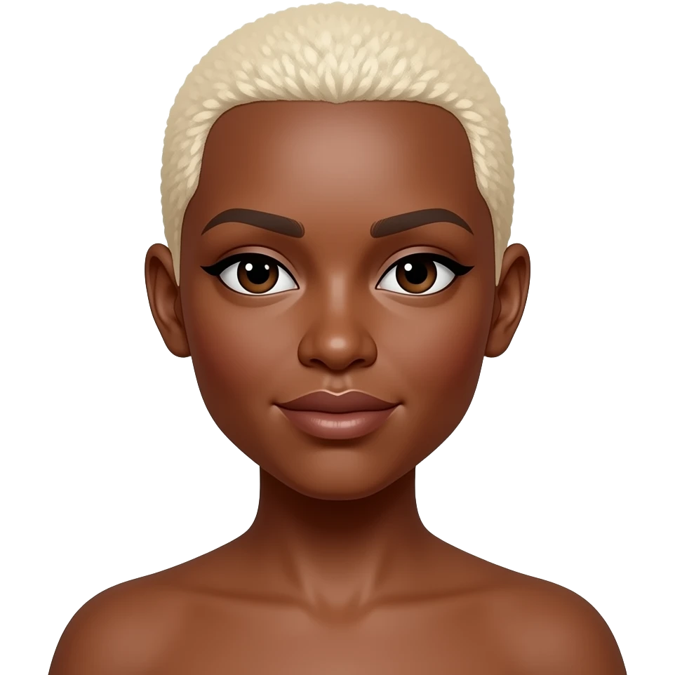Black woman with a to the scalp hair cut shorter much shorter. Very very short almost bald .a platinum blonde color and a copper color skin tone emoji