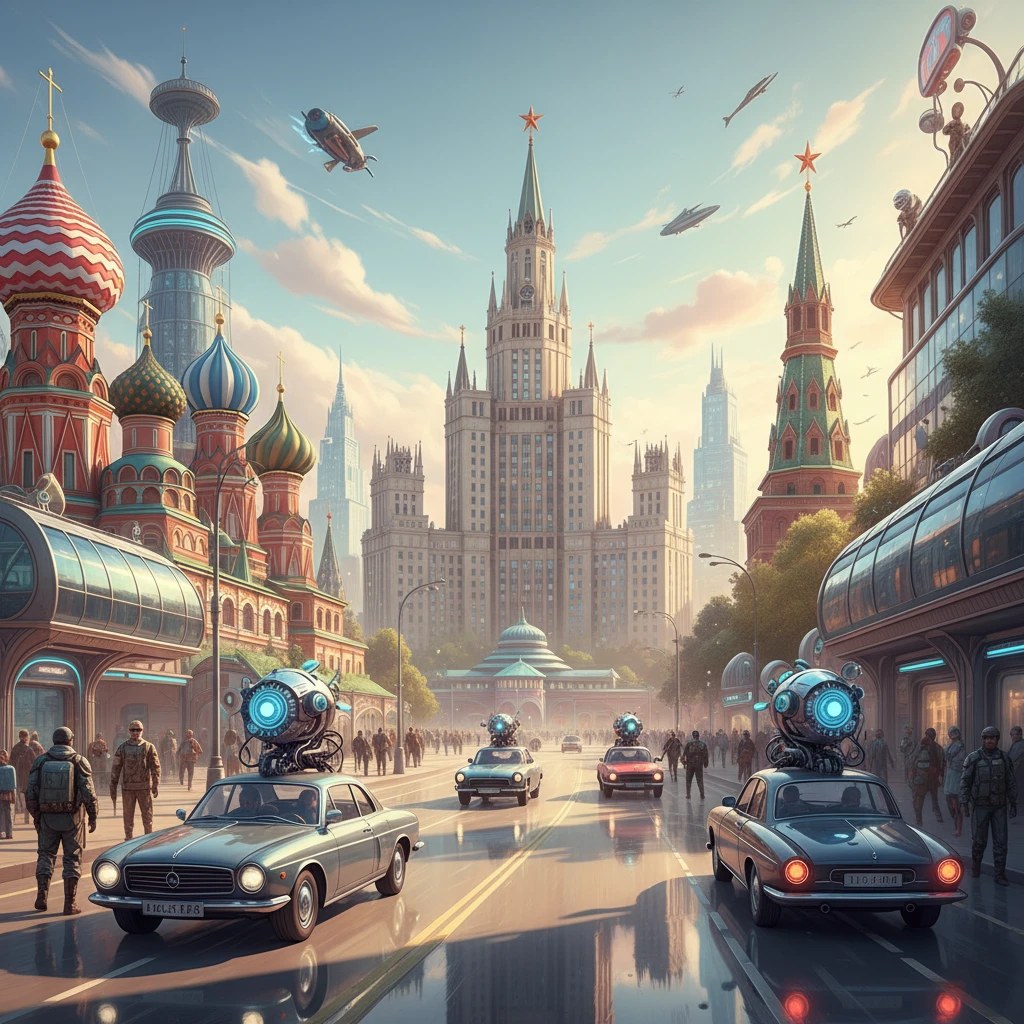 Москва в стиле Atomic Heart в светлых ярких цветах и тонах emoji