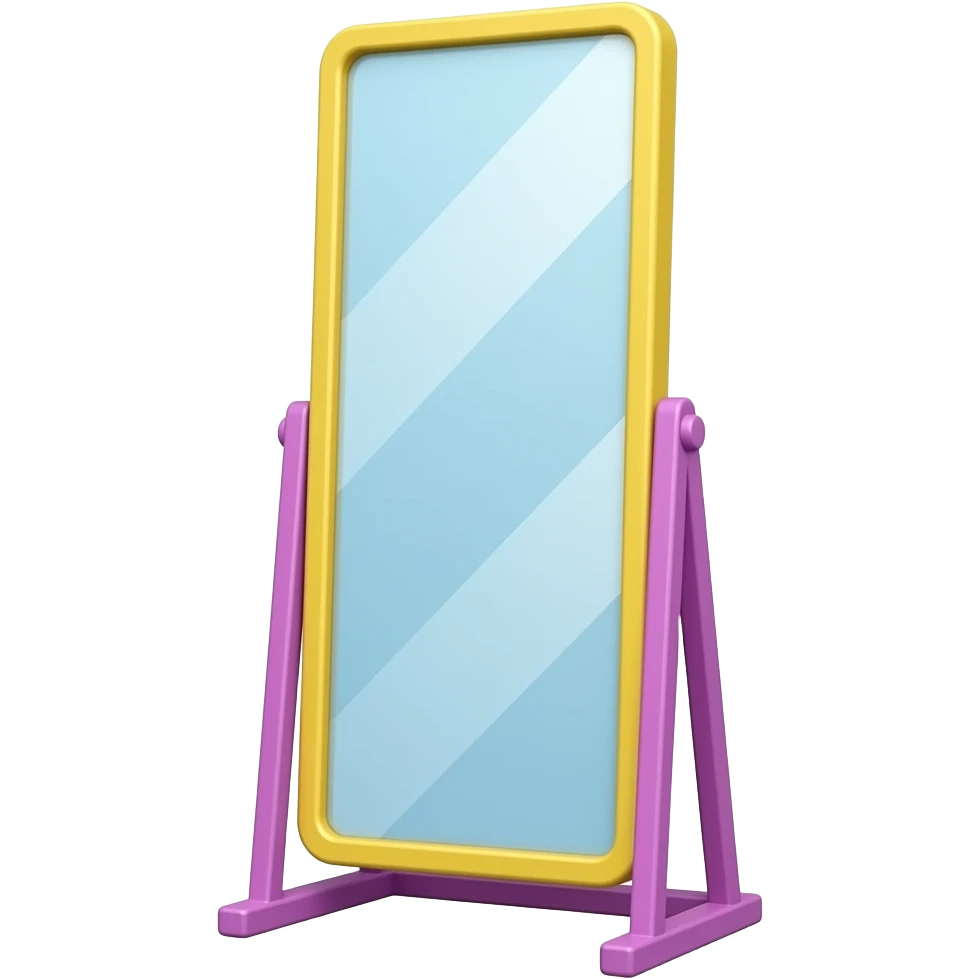 yellow and purple a half body standing mirror, tall rectangular shape, simple thin frame, inspired by Barbie colour palette emoji