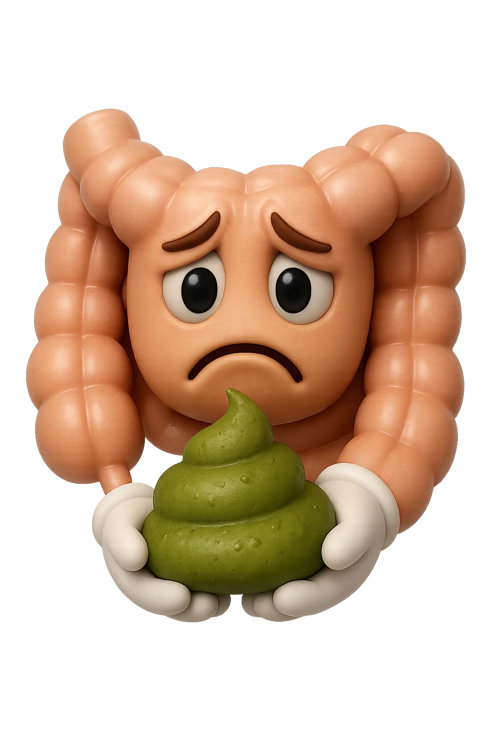 emoji stile iphone 3d di un intestino con espressione triste con cacca verde e liquida in mano , iperrealistiche 4k emoji