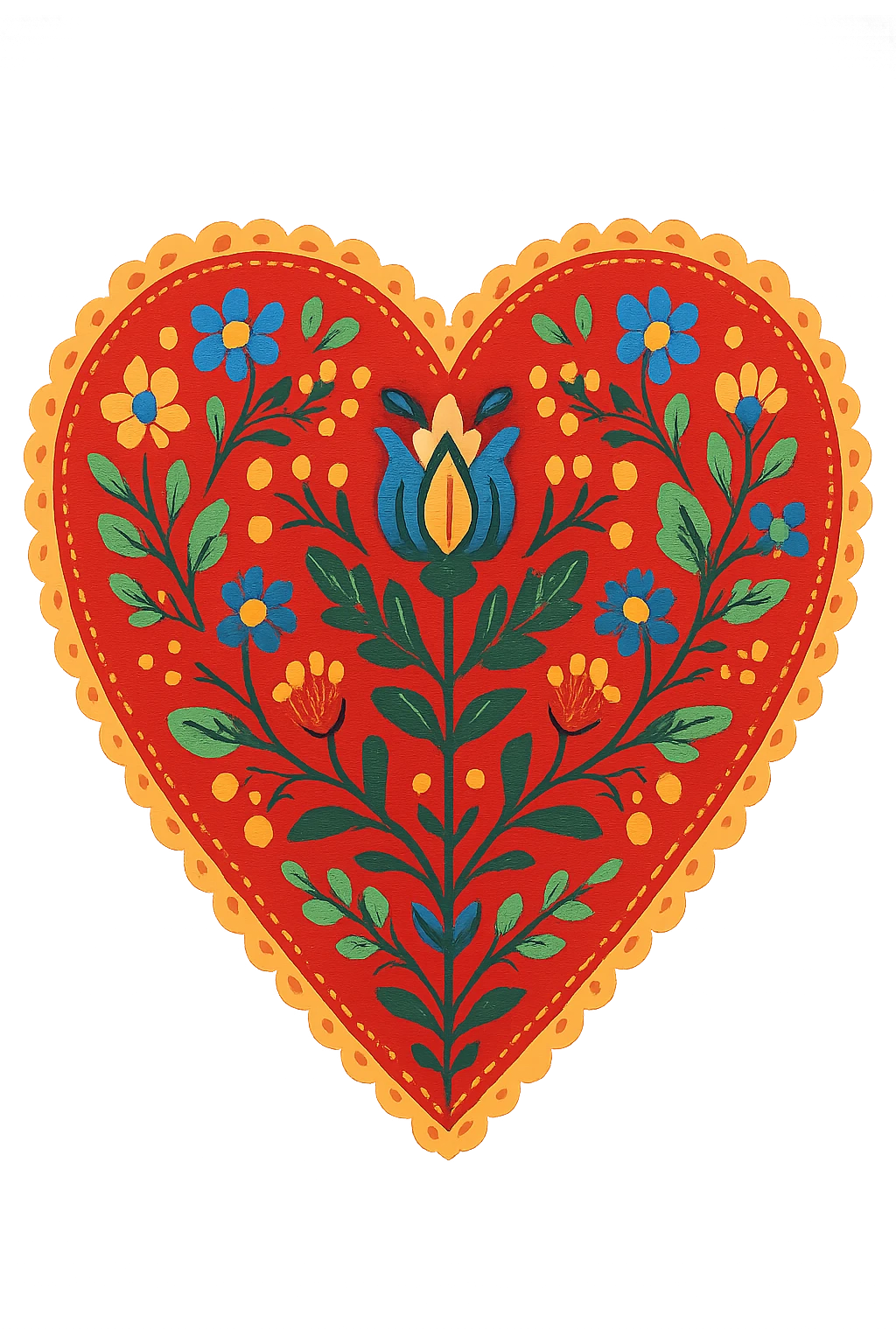 red heart with Scandinavian folk art nature motif, bright folk colors, intricate floral and leaf patterns, symmetrical, border around heart emoji