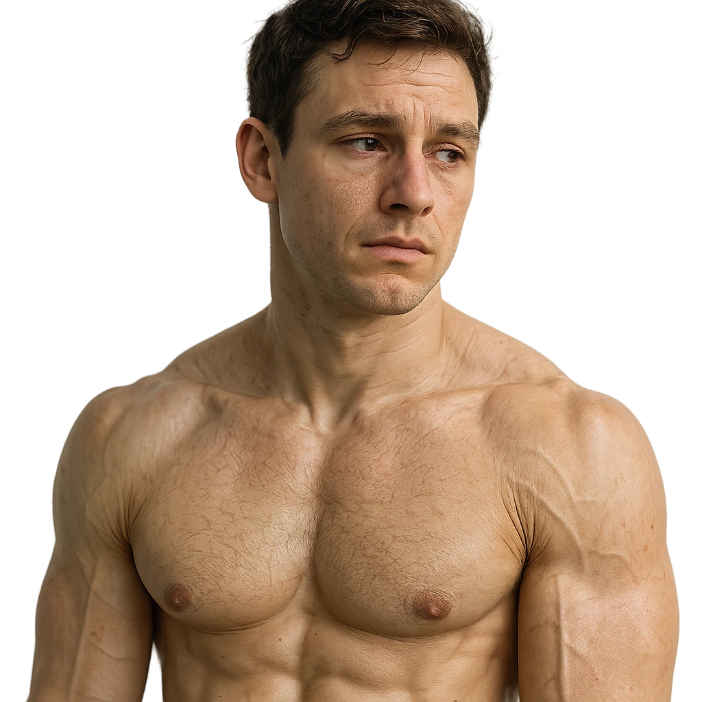 young 25-year-old bodybuilder with declining collagen levels, hyper realistic style, defined muscles but slightly less toned skin, reflective expression, realistic details, clinical atmosphere, white background emoji