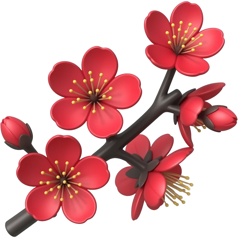 Dark Red color 3D Render iPhone emoji png of red cherry blossom flowers on black branches emoji