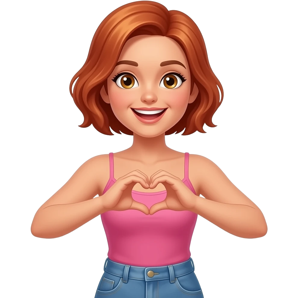 Diva Hazel eyes, tanned skin. Red blonde very short hair. Pink singlet. Blue jeans. Waist up. Smiling big & doing heart symbol emoji