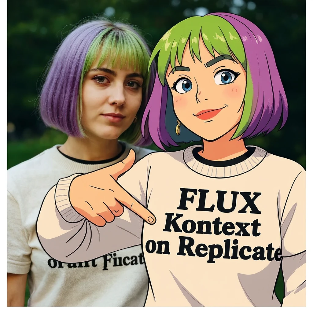 make a image of a girl with a anime version of that girl beside her wearing tshirt with text of "FLUX Kontext" emoji