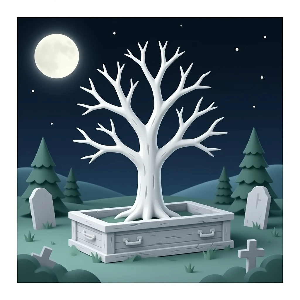 3d - white bare haunted tree grows from a dilapidated casket emoji