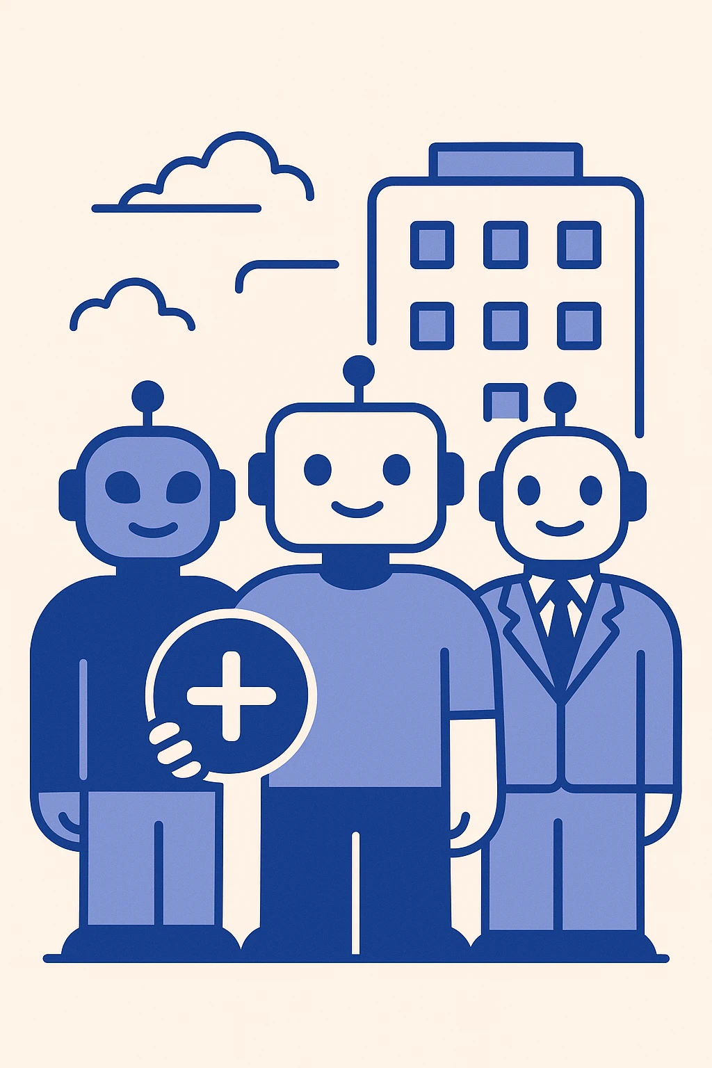 flat style icon of a group of friendly robots, one holding a plus sign, standing in front of a stylized office building, using Slack's color palette, representing a new customer organization created for a B2B SaaS LLM evaluation company emoji