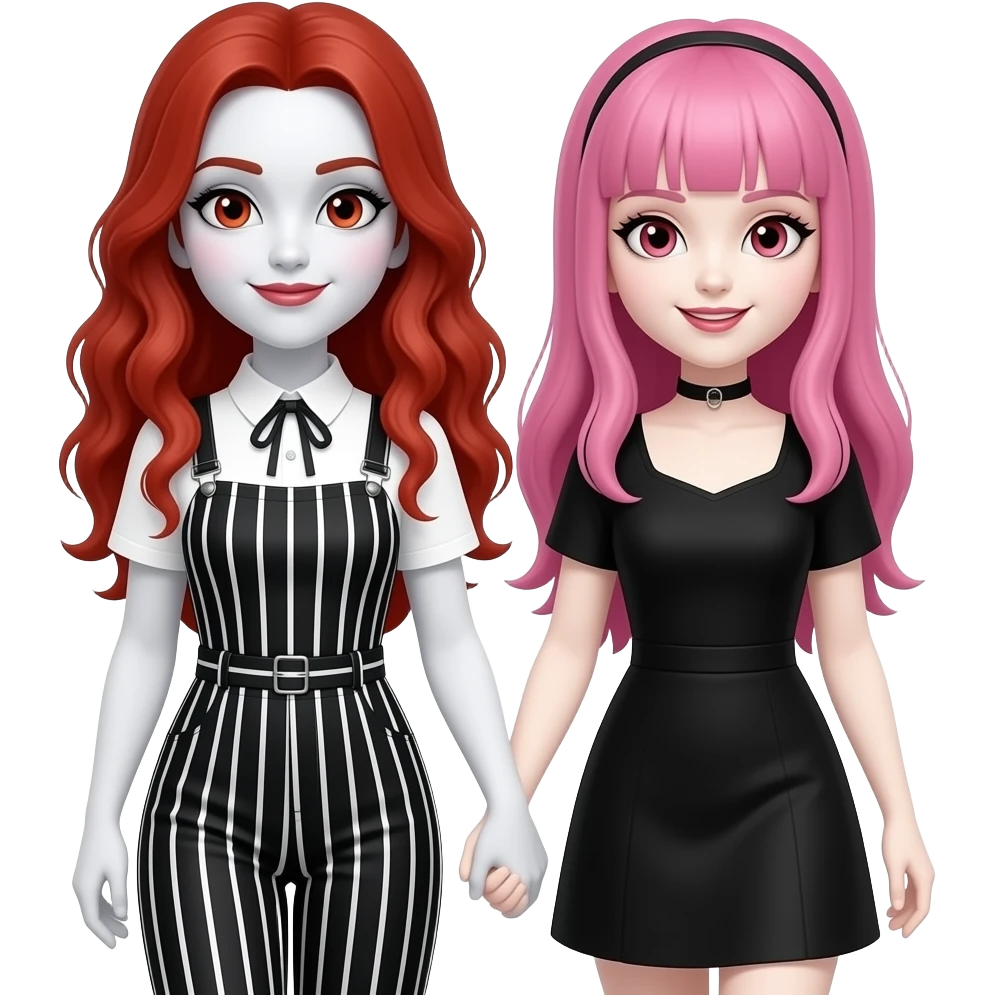 Vampiro femmina ADOLESCENTE con pelle bianca e capelli rosso ondulati lunghi che indossa un TUBINO a strisce NERE e BIANCHE ORIZZONTALI e il colletto con le maniche corte e bianche che cammina a braccetto con la sua amica VAMPIRO femmina con la pelle bianca e i capelli rosa e frangia emoji