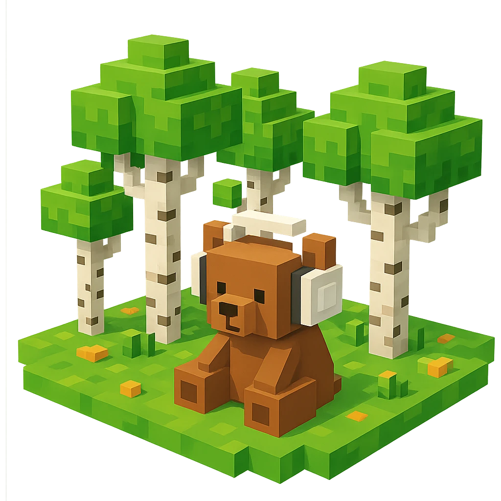 березовый лес, в котором сидит бурый медвежонок в белых наушниках (наушники должны закрывать уши медведя), no background  emoji