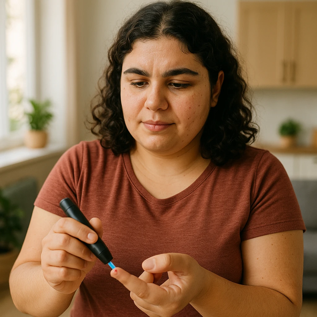 young woman with PCOS measuring blood glucose with glucometer, determined expression, positive atmosphere, realistic details, kitchen or living room background emoji