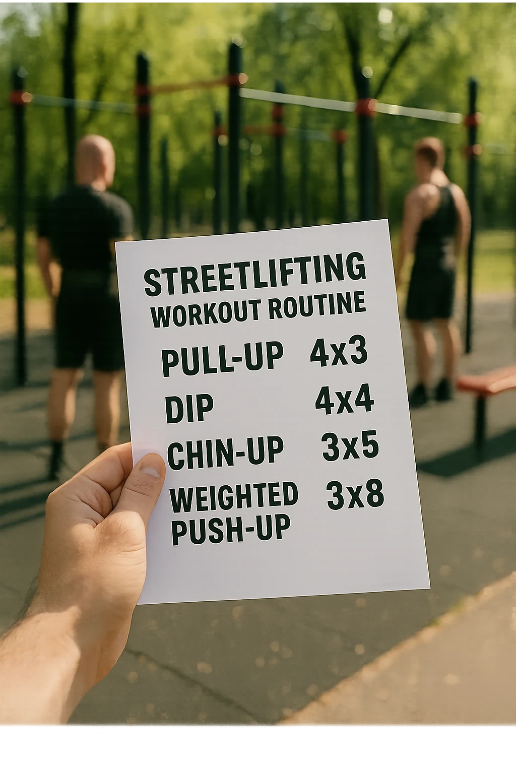a close-up of a hand holding a printed streetlifting workout routine, with the exercises and sets written in bold text. In the background, an outdoor gym with pull-up bars, dip stations, and athletes wearing weighted belts. The lighting is natural, and the mood is motivational. emoji