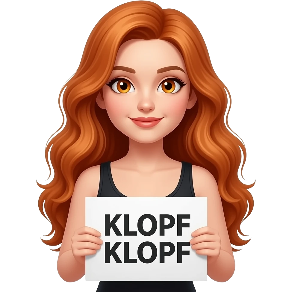 sexy girl with long wavy ginger hair and ginger eyes wearing a black tanktop is holding a white sign with KLOPF KLOPF written on it emoji