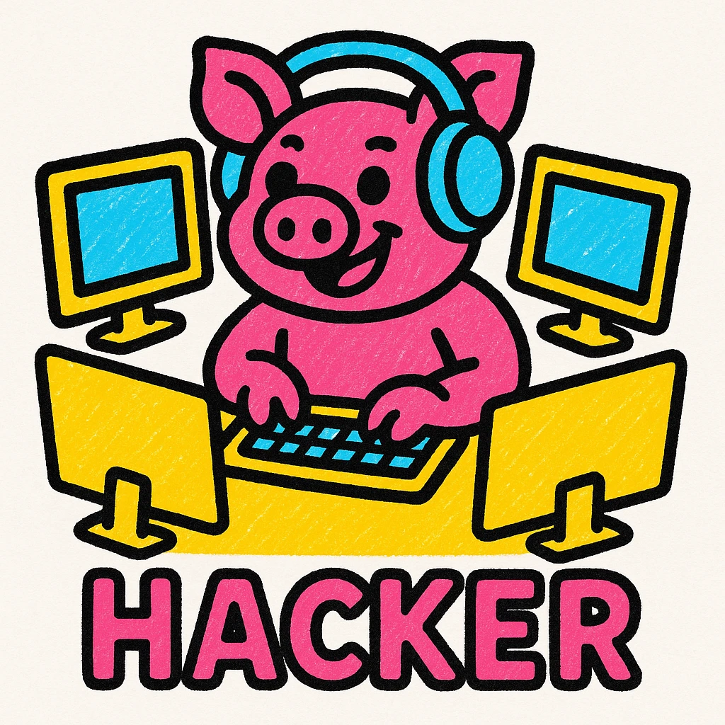 a pig hacker with headphones, using multiple monitors, vibrant colors, pop colors style, bright and lively emoji