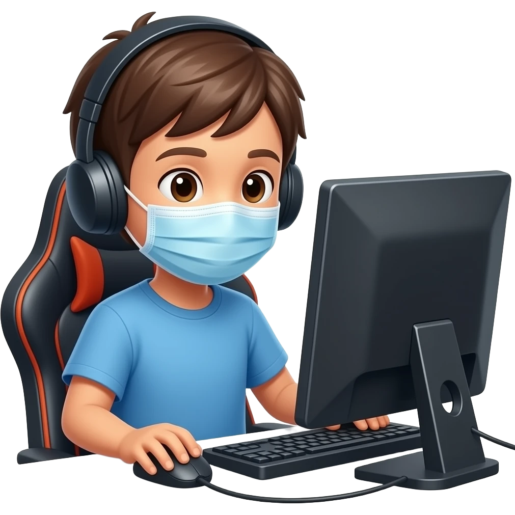 Kid gaming on pc pc mask on face emoji