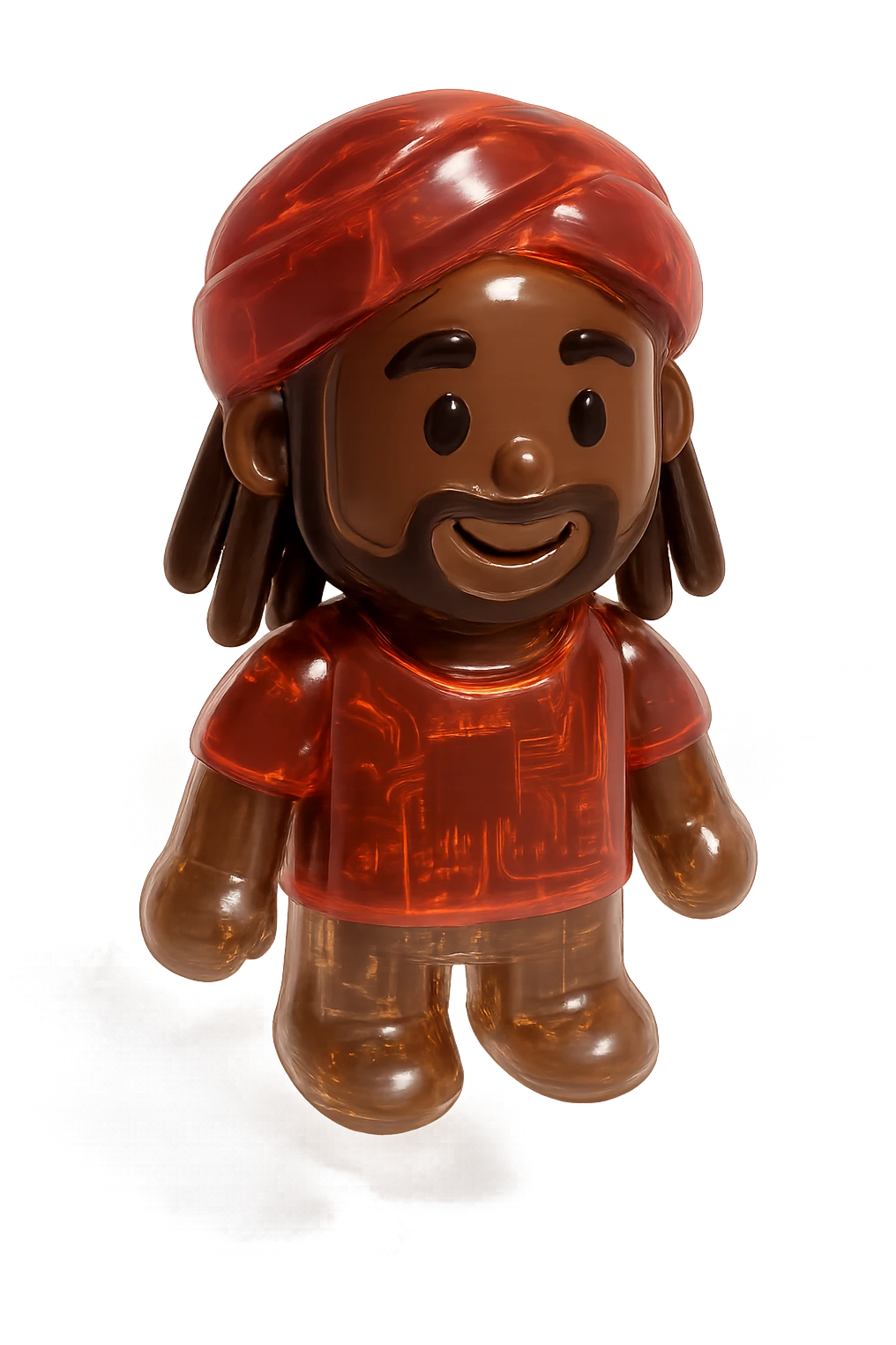Brownskin man with long brown dreadlocks 
red t-shirt 
red turban 
expression is happy emoji