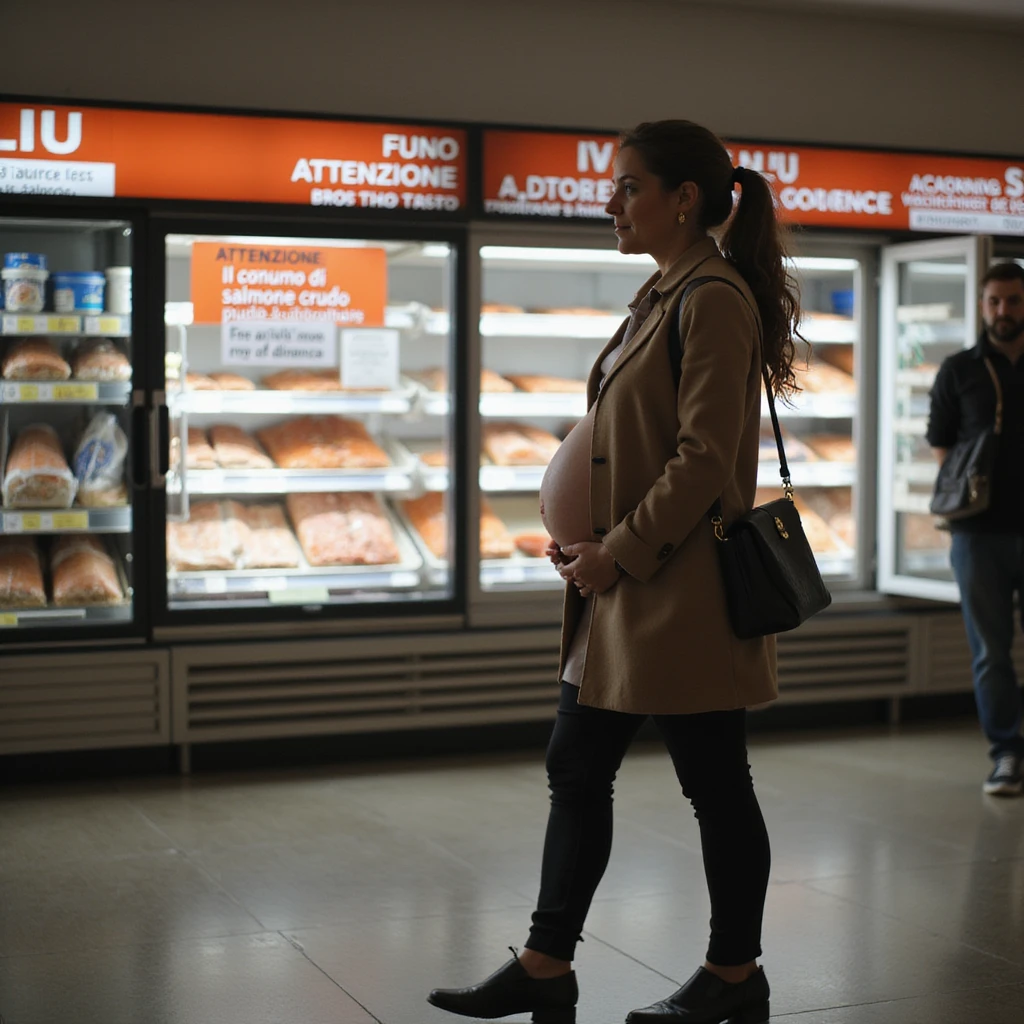 realistic pregnant woman in 4K walking away from the salmon counter after reading a sign that says: 'Attenzione, il consumo di salmone crudo puo comportare rischi in gravidanza' emoji