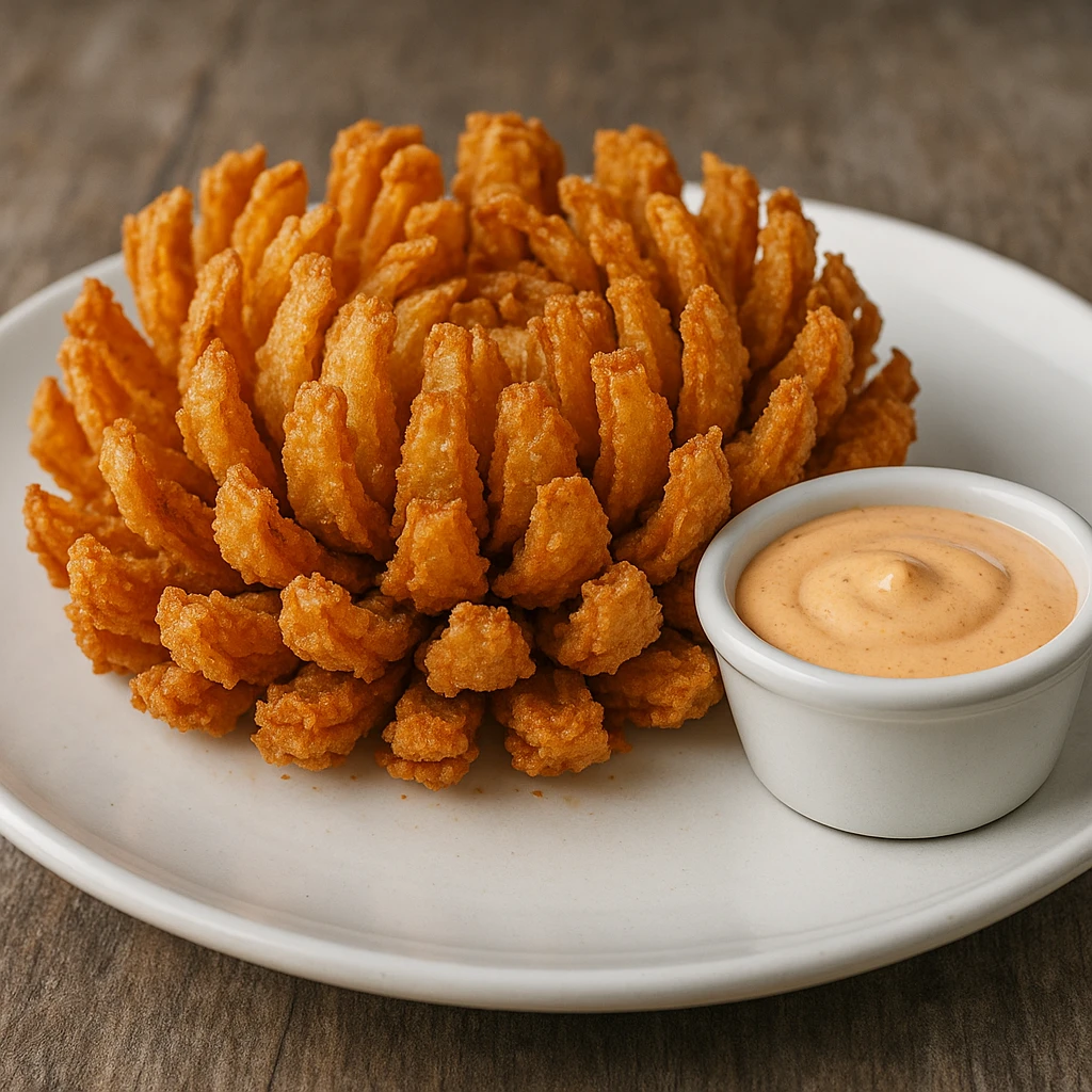 a whole deep-fried onion cut to resemble a flower, crispy and golden, served on a white plate with a ramekin of sauce, inspired by Chili's awesome blossom emoji