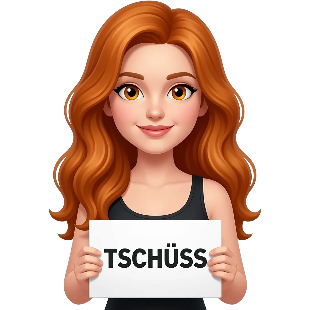 sexy girl with long wavy ginger hair and ginger eyes wearing a black tanktop is holding a white colored sign with TSCHÜSS written on it emoji